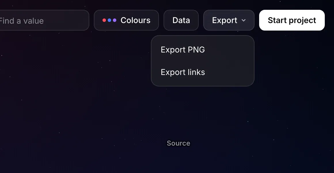 The Export menu open, offering the picture as a PNG and the links as a CSV