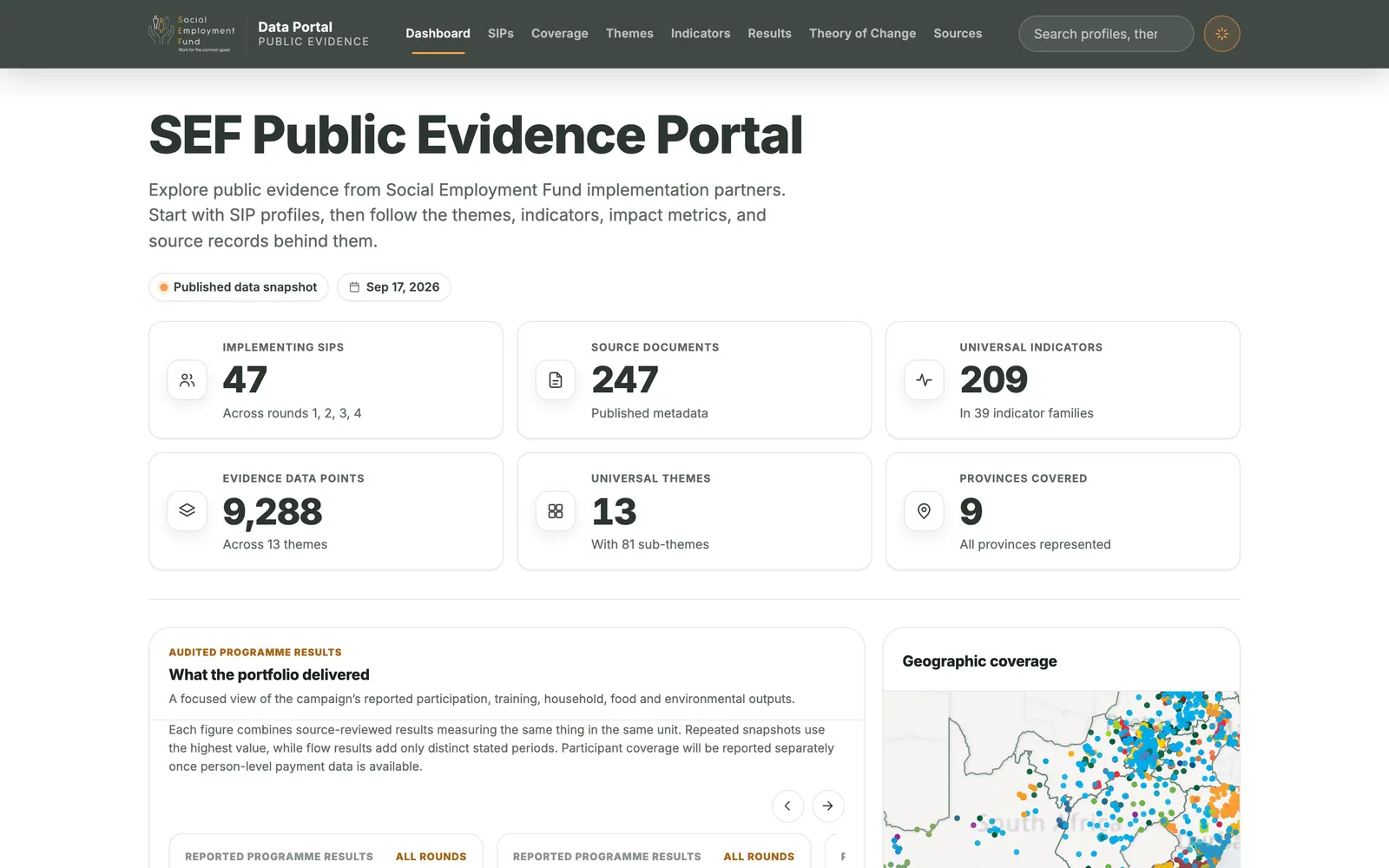 The SEF Public Evidence Portal dashboard: headline figures for implementing partners, source documents, universal indicators, evidence data points, themes and provinces, above a results panel and a coverage map.